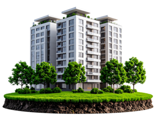 Modern Residential Block with Trees and Lawn on Floating Land, PNG Isolated
