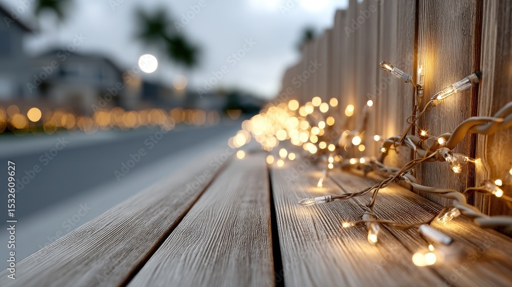 Poster string lights illuminate a wooden fence in a backyard, creating a warm and inviting atmosphere durin