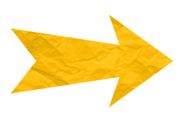 Yellow crumpled paper arrow isolated on transparent background