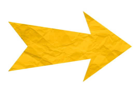Yellow crumpled paper arrow isolated on transparent background