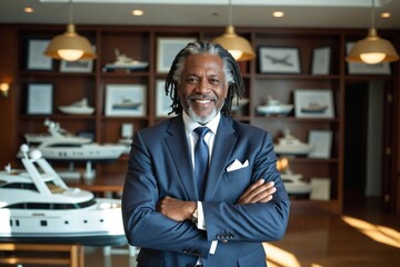 Poised Senior African American Male Yacht Broker in a Luxury Brokerage Office