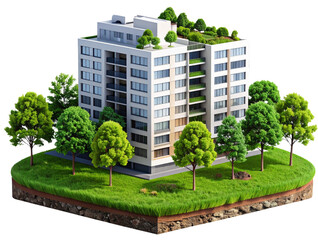 Modern Residential Block with Trees and Lawn on Floating Land, PNG Isolated