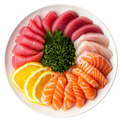 Sashimi platter with salmon, tuna, and other fish, isolated on transparent background