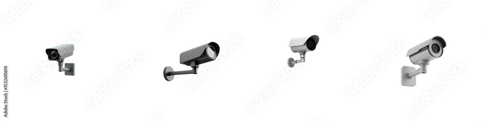 Poster surveillance cameras set on a transparent background featuring four distinct models illustrating var