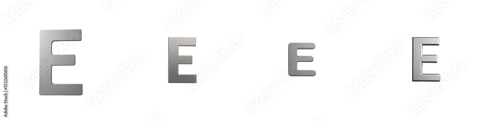 Poster silver metal key tag featuring the letter e in various sizes, completely isolated on a transparent b