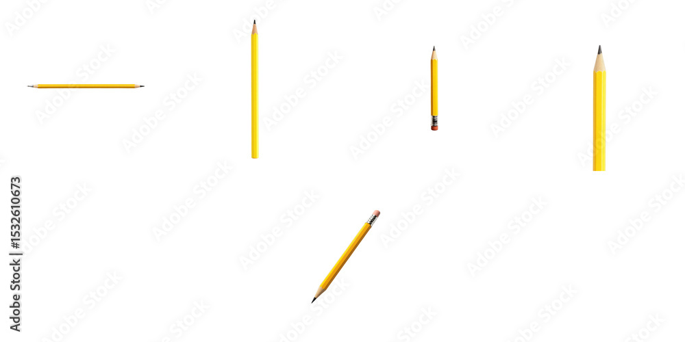Poster isolated yellow pencils in various positions on transparent background with no shadows or distractio