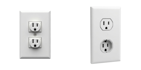 Electrical power outlets isolated on transparent background featuring a dual outlet design and a single outlet, showcasing safety design and functionality in home wiring.