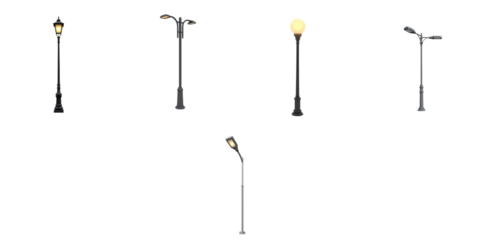 variety of street lamps in different styles and designs completely isolated on transparent background for graphic use and digital composition