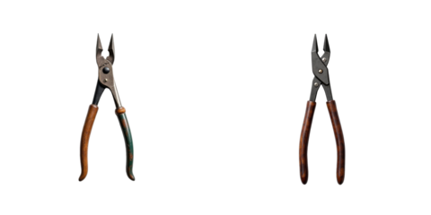 Old glass cutting tools featuring metal pliers with wooden handles isolated on a transparent background demonstrating unique design and functionality for specialized glazing tasks