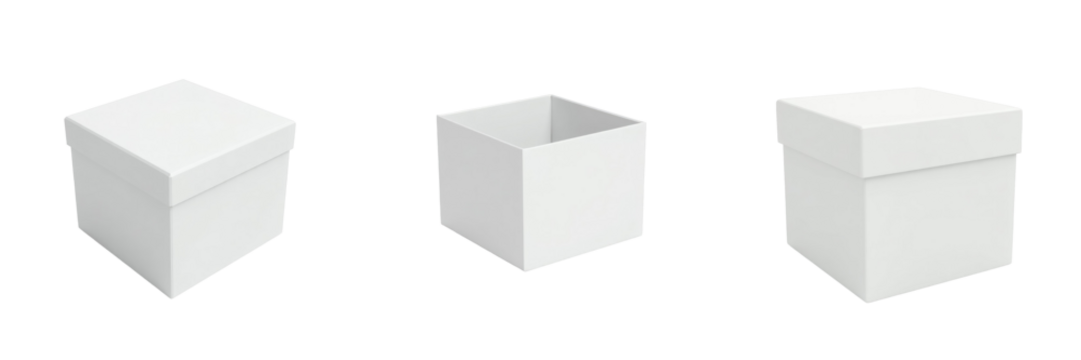 Empty white cube gift box mockup set isolated on transparent background showcasing three different angles with an emphasis on minimalistic design and versatility.