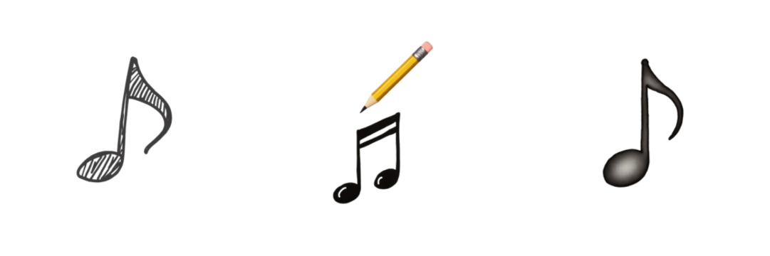Hand drawn music notes and a pencil arranged in a horizontal line on a transparent background, suitable for design and illustration projects featuring musical themes. - Powered by Adobe