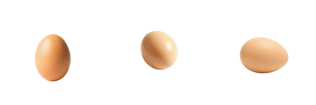 three brown eggs positioned on a transparent surface against a transparent background showcasing the smooth texture and natural shape of each egg
