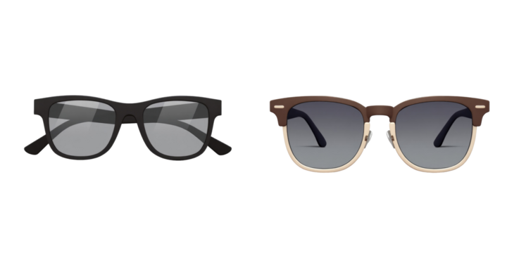 Realistic vector illustration of two stylish sunglasses on a transparent background featuring a transparent frame and a brown frame with gradient lenses.