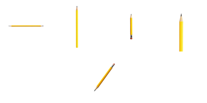 Isolated Yellow Pencils in Various Positions on Transparent Background with No Shadows or Distractions to Highlight Design and Color Features