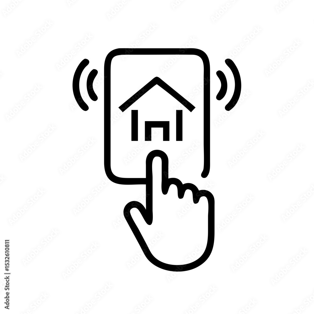 Poster smart home button interface design for app. smart home control panel with house icon and finger tap.