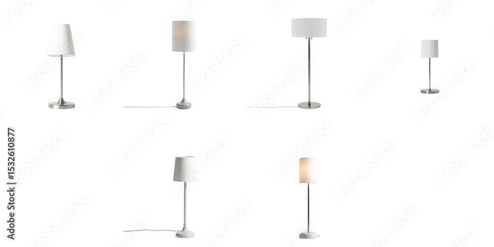 Poster collection of modern table lamps featuring various designs with transparent lampshades displayed on 