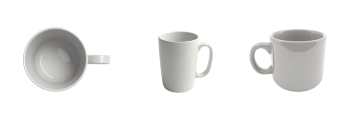 Set of three empty white coffee mugs displayed on a transparent background featuring different angles including top view side view and front view isolated objects without any reflections