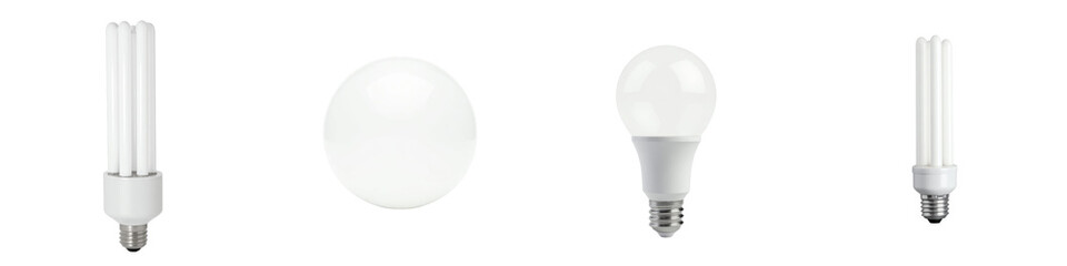 Compact fluorescent light bulbs in various shapes including spiral, globe, and standard with white casing on transparent background for illumination concepts.
