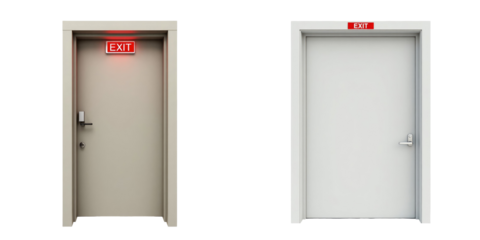 Emergency exit doors design featuring illuminated exit sign on one door and plain door, isolated on transparent background for safety signage and architectural use.