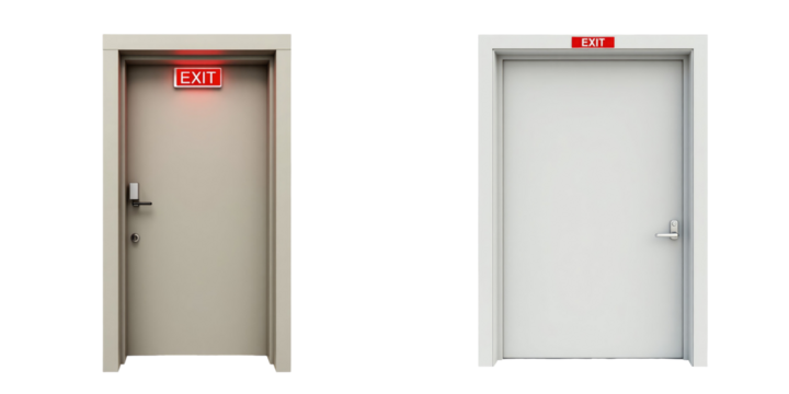Emergency exit doors design featuring illuminated exit sign on one door and plain door, isolated on transparent background for safety signage and architectural use.
