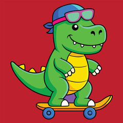 Obraz premium Cartoon Dinosaur Character Riding Skateboard with Sunglasses and Bandana Illustration