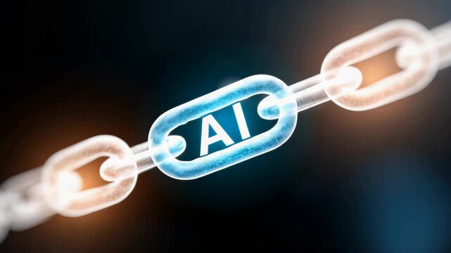 AI logo in the center with a futuristic blockchain network background, integration of AI and crypto. futuristic transaction system. artificial intelligence.