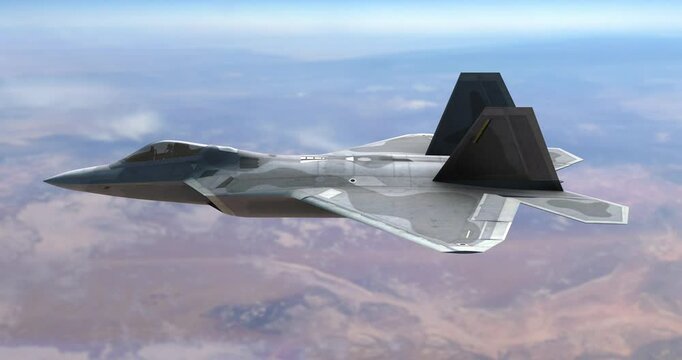 Supersonic Military Jet Fighter Aircraft Patrolling Desert Region. War And Air Force Related 4K 3D Animation.