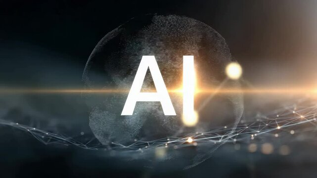 AI logo in the center with a futuristic blockchain network background, integration of AI and crypto. futuristic transaction system. artificial intelligence.