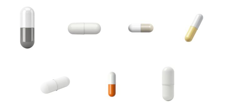 variety of empty capsules in different colors and sizes on transparent background isolated on solid transparent background