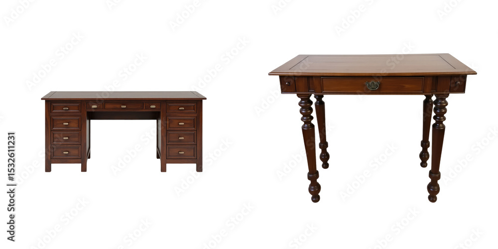 Poster antique wooden tables and desks with multiple drawers isolated on transparent background showcasing 