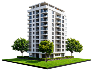 Urban Apartment Tower on a Patch of Green Land with Trees, Transparent Background  
