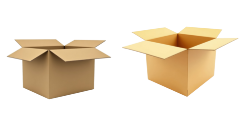 two open cardboard boxes with flaps raised and lid partially closed isolated on transparent background with transparent backdrop