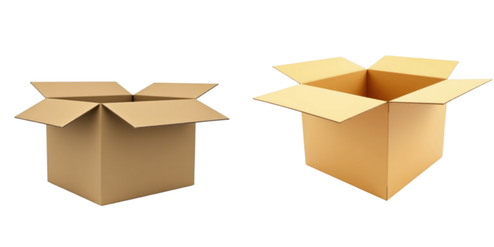 two open cardboard boxes with flaps raised and lid partially closed isolated on transparent background with transparent backdrop
