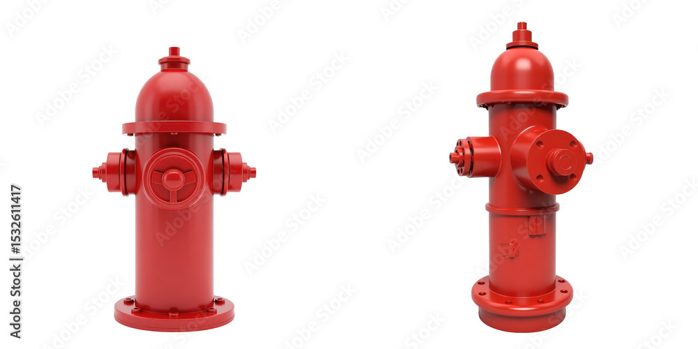 Poster detailed red fire hydrant design isolated on transparent background featuring two angles highlightin