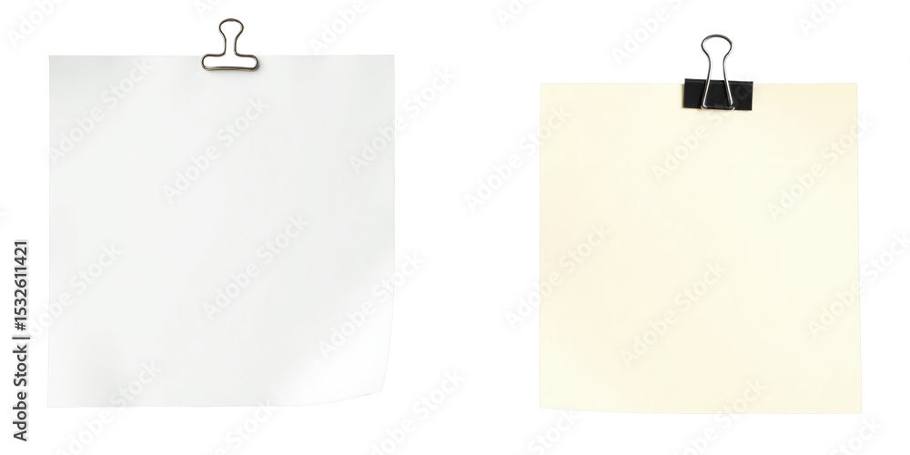 Poster transparent background featuring two blank sheets of paper held by two metal paper clips demonstrati