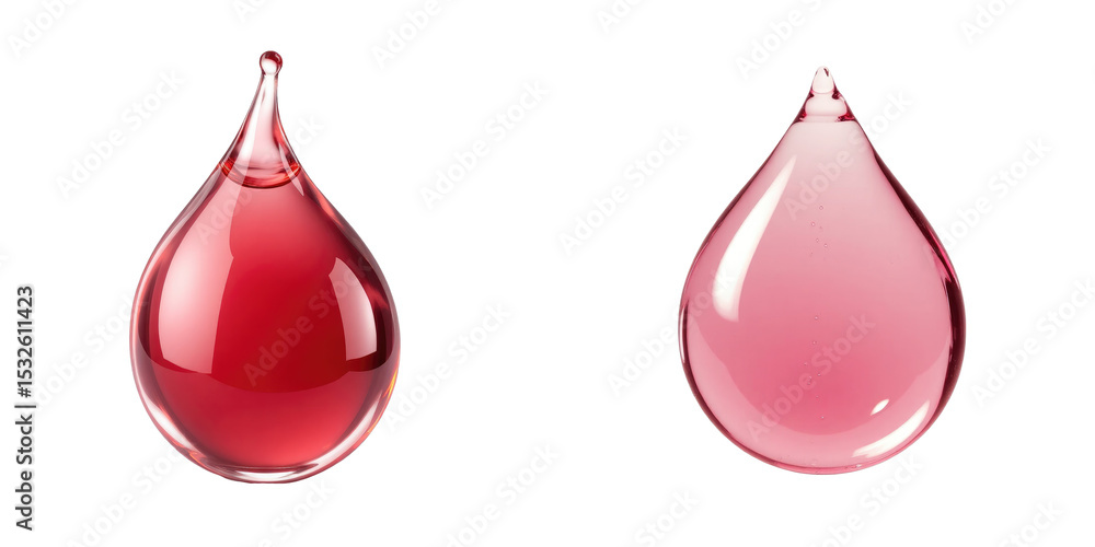 Poster red and pink liquid water drops isolated on transparent background with high clarity and glossy text