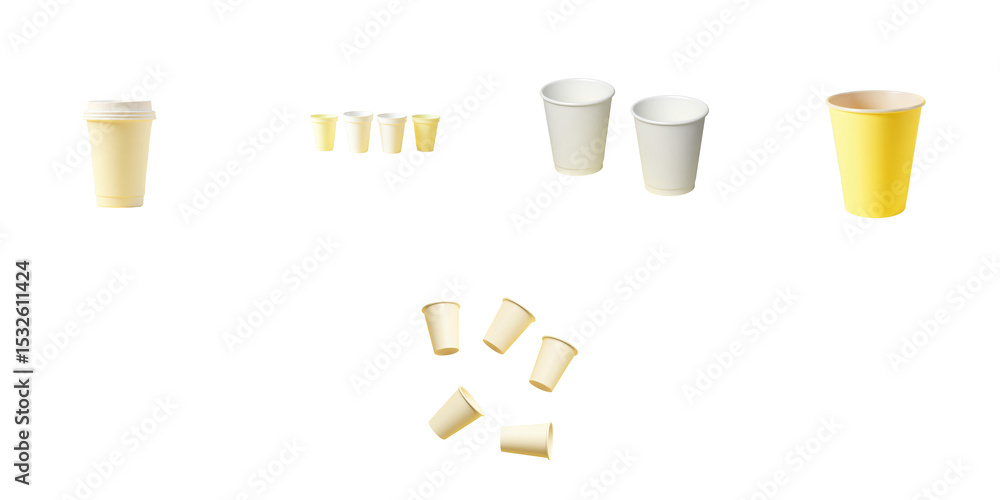 Poster various styles and sizes of disposable cups arranged on a transparent background isolated from any o