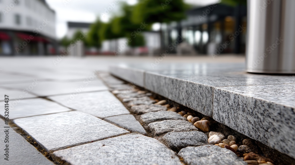 Poster close-up highlights granite tile edges with irregular shapes, showcasing pebbles nestled between the