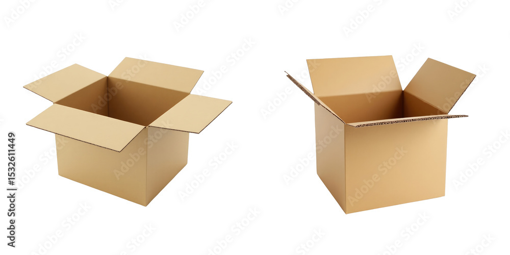 Poster two opened cardboard boxes displayed against a transparent background showcasing different angles an