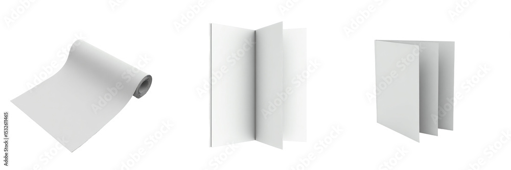 Poster a collection of three blank magazines displayed in various folded positions on a transparent backgro