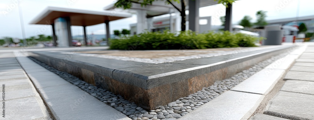 Poster close-up highlights granite tile edges with irregular shapes, showcasing pebbles nestled between the