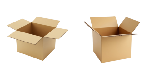 Two opened cardboard boxes displayed against a transparent background showcasing different angles and dimensions of packaging material ideal for storage and shipping purposes.