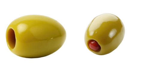 Marinated green olives with pimento stuffed centerpiece displayed isolated on a transparent background showcasing smooth shiny texture and unique shapes