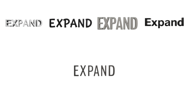 Text design featuring the word Expand in various fonts and styles on a transparent background emphasizing typographical diversity and visual impact