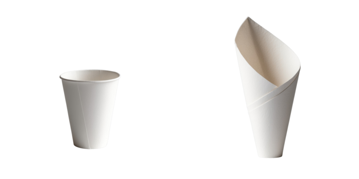 Two distinct white paper cups, one cylindrical and one conical, showcased against a transparent background for clear visibility and focus on design features.