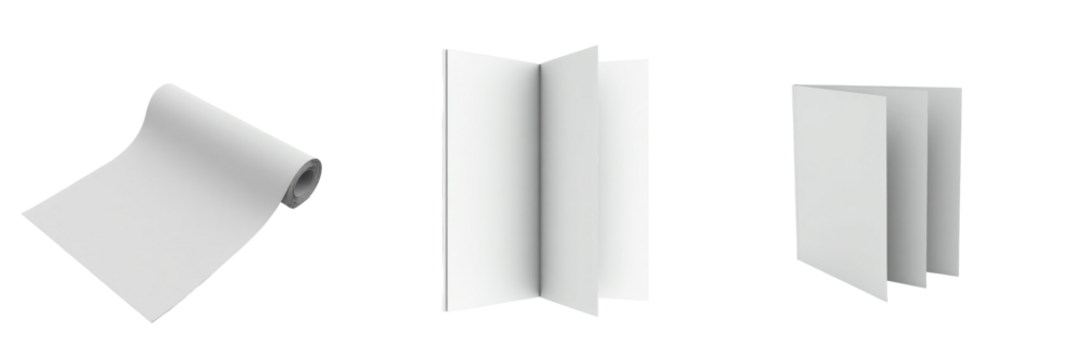 A collection of three blank magazines displayed in various folded positions on a transparent background, showcasing different angles of each magazine's form.