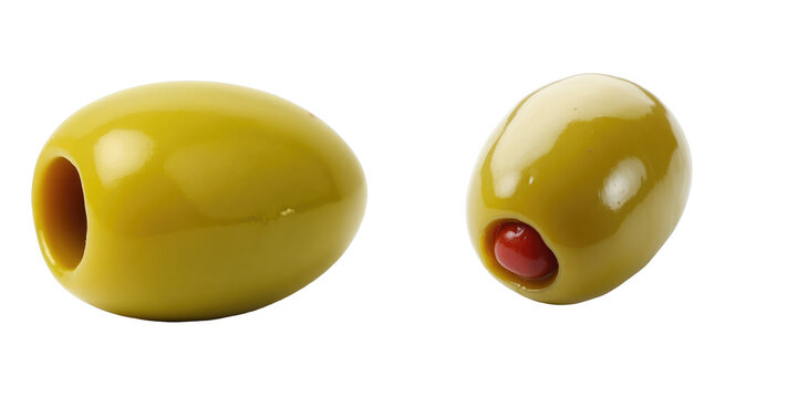Marinated green olives with pimento stuffed centerpiece displayed isolated on a transparent background showcasing smooth shiny texture and unique shapes