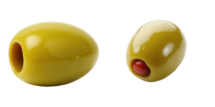 Marinated green olives with pimento stuffed centerpiece displayed isolated on a transparent background showcasing smooth shiny texture and unique shapes