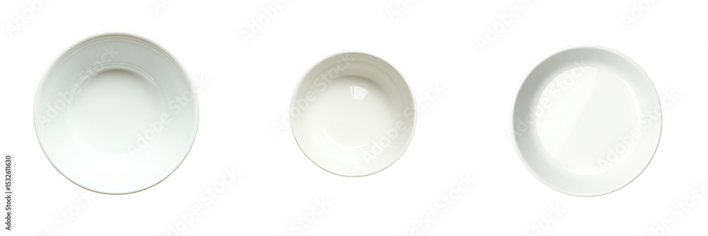 Poster set of three round white porcelain bowls viewed from above on a transparent background. the bowls va