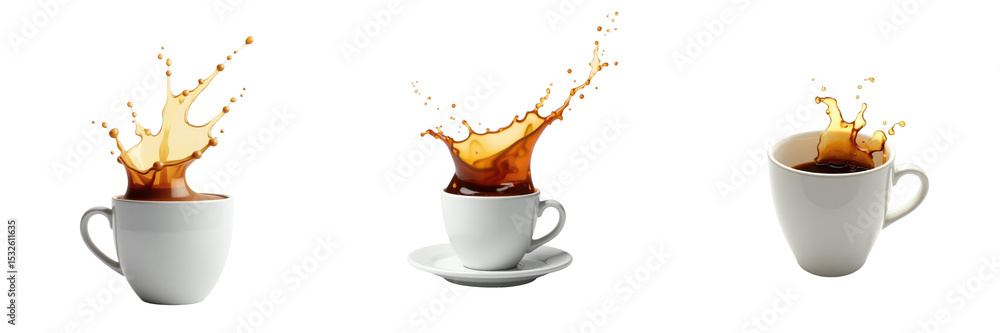 Aufkleber coffee splash in three different cups with varying designs on transparent background, showcasing dyn